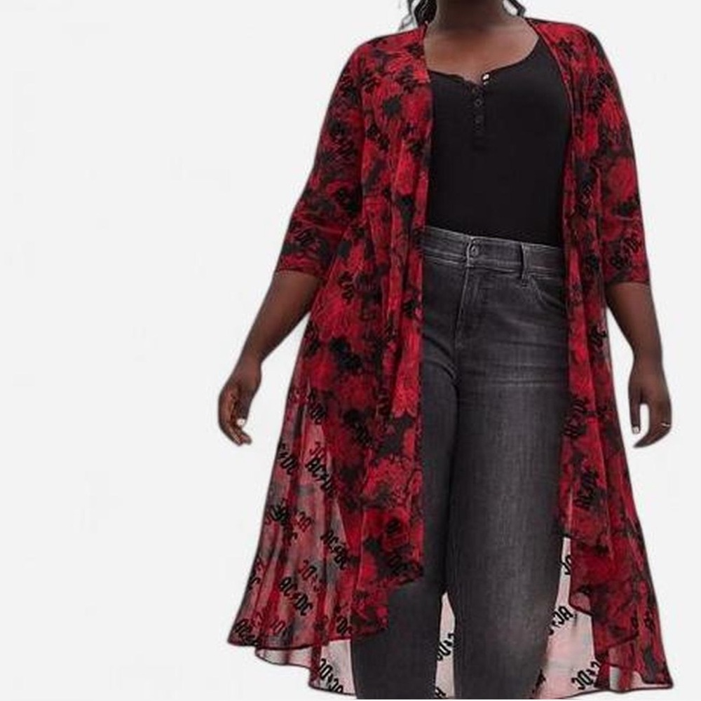AC/DC Torrid Black & Red Floral Chiffon Hi-Lo Kimono